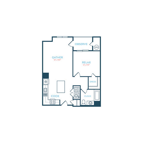Floor plan for 1 bed, 1 bath, 808 sqft